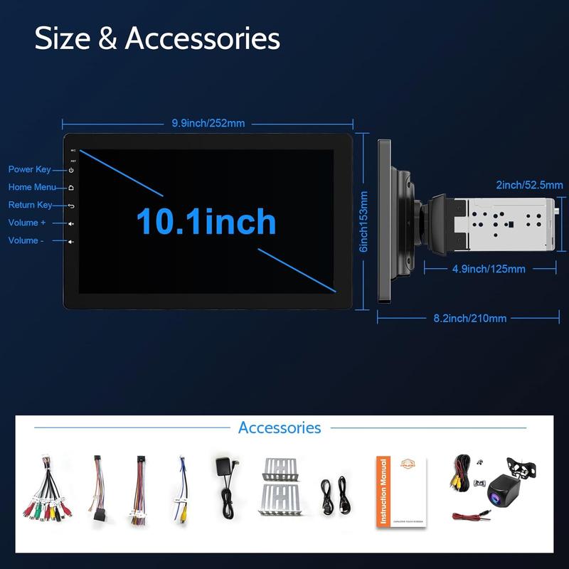 Autoestéreo de 10.1" Single Din con pantalla giratoria CarPlay 1080P, cámara trasera inalámbrica, CarPlay, Android Auto, pantalla táctil, Mirror Link, Bluetooth, reproducción de música, AUX, FM y USB.
