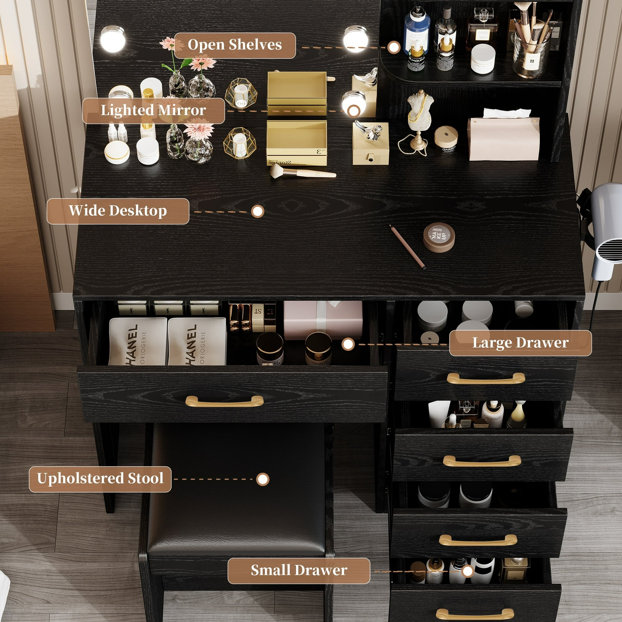 Tocador con luces y espejo, mesa de maquillaje con cajón y toma de corriente