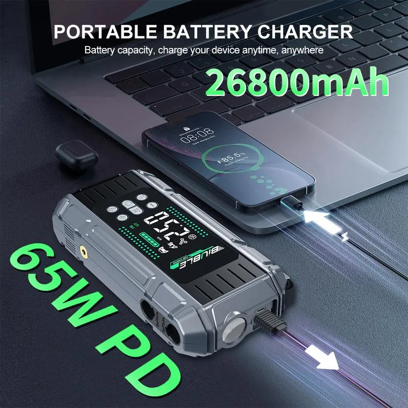 Arrancador portátil para coche 10000A con compresor de aire, soplador, batería externa PD de carga rápida de 65 W para portátil, inflador de neumáticos de 150 PSI, kit de arranque de batería para coche.