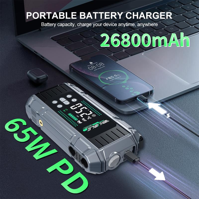 Arrancador portátil para coche 10000A con compresor de aire, soplador, batería externa PD de carga rápida de 65 W para portátil, inflador de neumáticos de 150 PSI, kit de arranque de batería para coche.