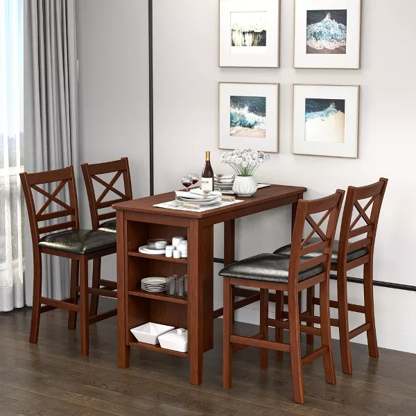 Juego de mesa de comedor de pub de 5 piezas con estantes de almacenamiento y 4 sillas tapizadas en nogal
