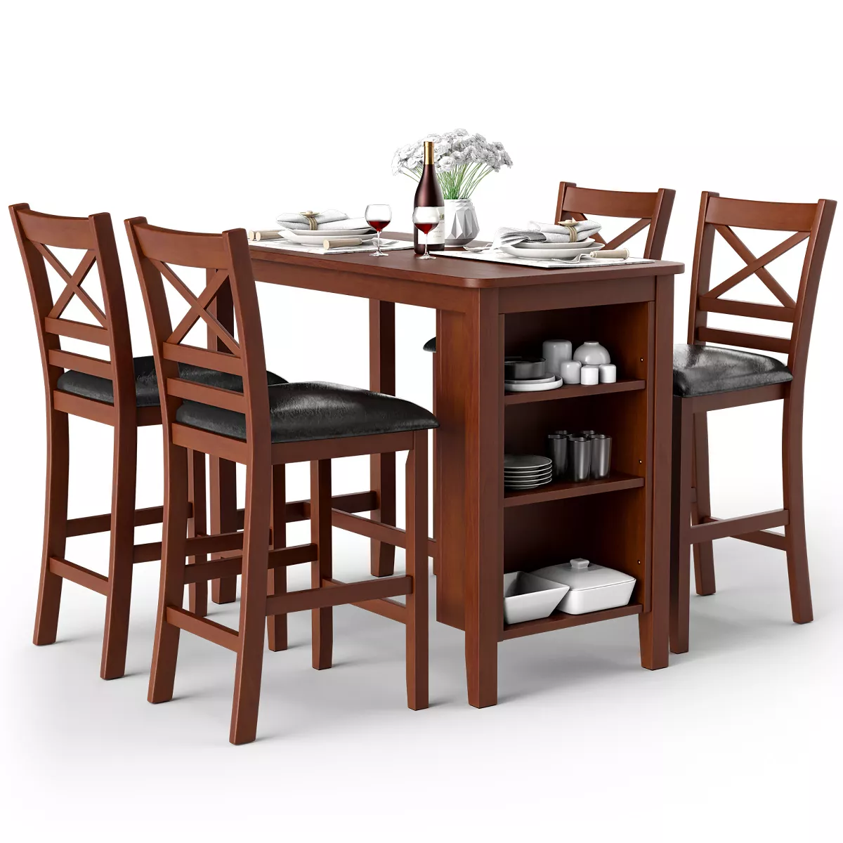 Juego de mesa de comedor de pub de 5 piezas con estantes de almacenamiento y 4 sillas tapizadas en nogal
