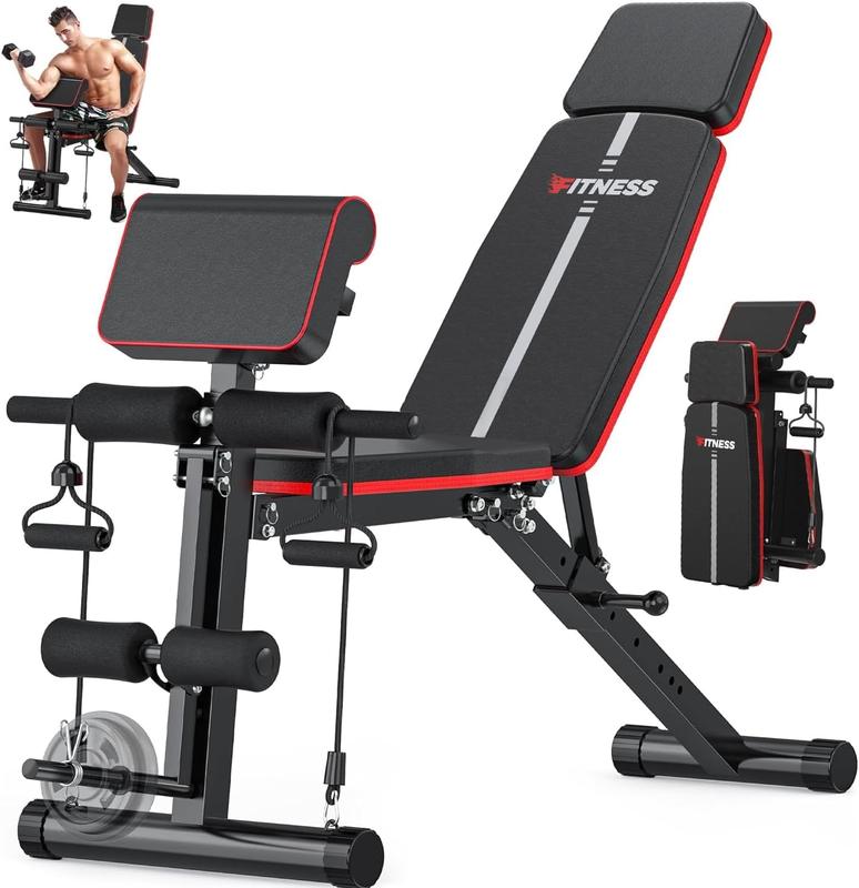 Banco de pesas ajustable con extensión de piernas y almohadilla para predicador - Banco de entrenamiento plegable para gimnasio en casa, banco para hacer ejercicio con inclinación, declinación y abdominales.
