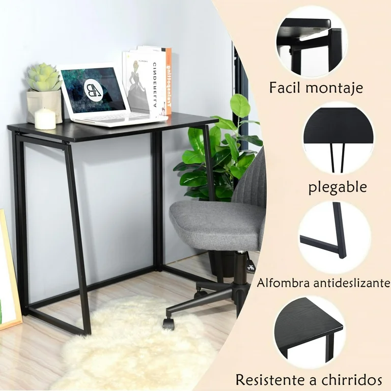 Escritorio Plegable Rectangular de Color Negro (80cm*40cm*74 cm) HOMEMAKE FURNITURE Industrial Clásico