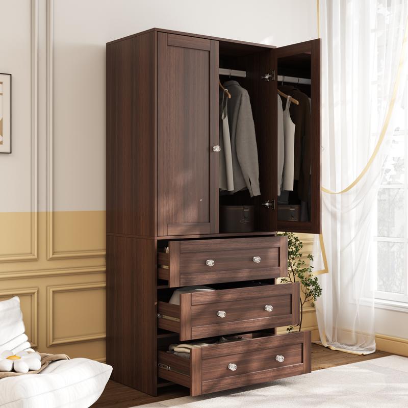 Armario independiente VOWNER, 180 cm de altura, para dormitorio, con 2 puertas y 3 cajones, con barra para colgar ropa, ideal para dormitorio o sala de estar.