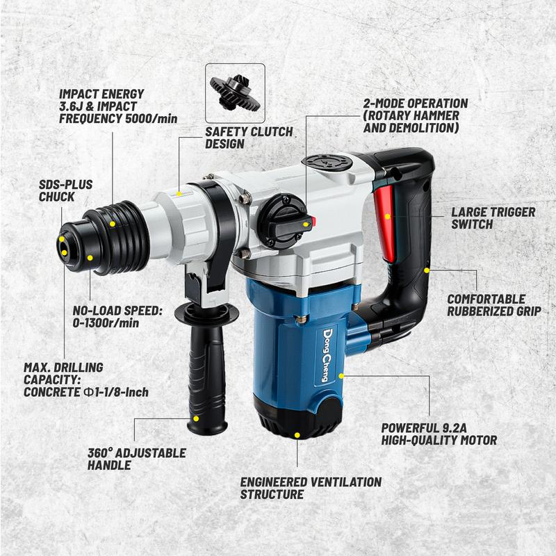 【Garantía de 5 años】Taladro percutor rotativo SDS-Plus DongCheng de 1-1/8 pulgadas con embrague de seguridad, martillo demoledor con cable de alta resistencia de 9.2 amperios para concreto, 3.6 julios, incluye 3 brocas, cinceles planos y cinceles de punta