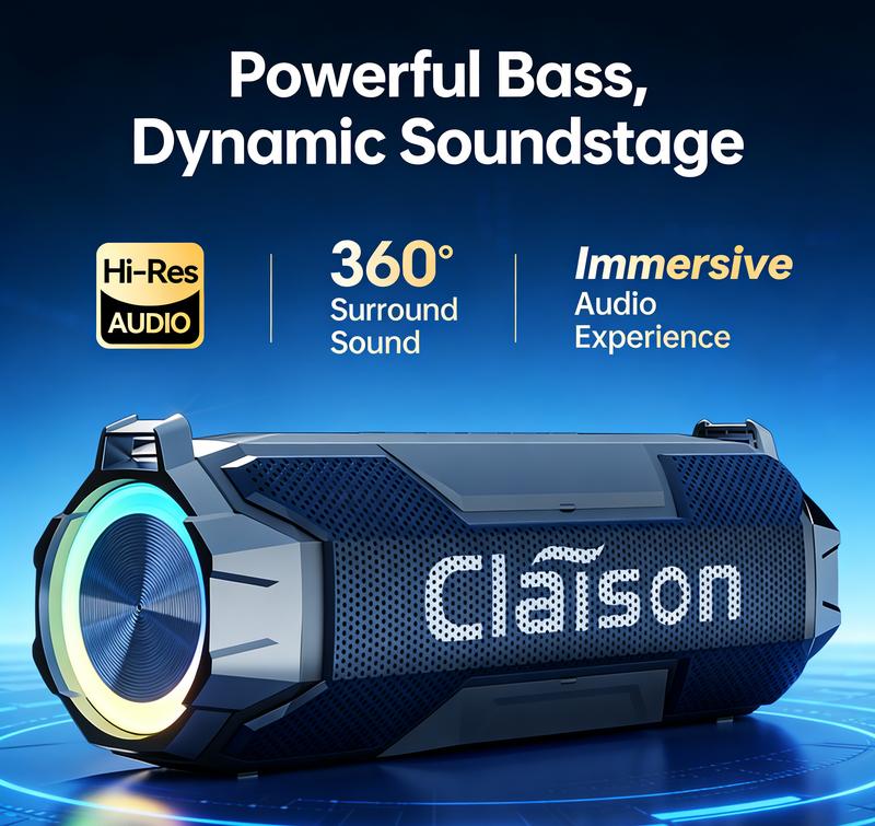 Altavoz multifuncional para exteriores Claison, con certificación de impermeabilidad IPX6, batería recargable de 3600 mAh, iluminación RGB, Bluetooth 5.3 y red protectora desmontable. Ideal para acampar y jugar videojuegos; compatible con Android y con fu