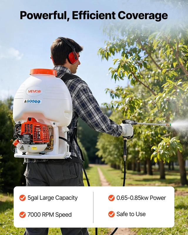 Pulverizador de mochila a gasolina VEVOR, motor de 26,5 cc y 0,9 CV, pulverizador de jardín con depósito de 5 galones, gran cobertura, máquina pulverizadora de césped con lanza de 24 pulgadas y boquillas para una jardinería y agricultura eficientes.