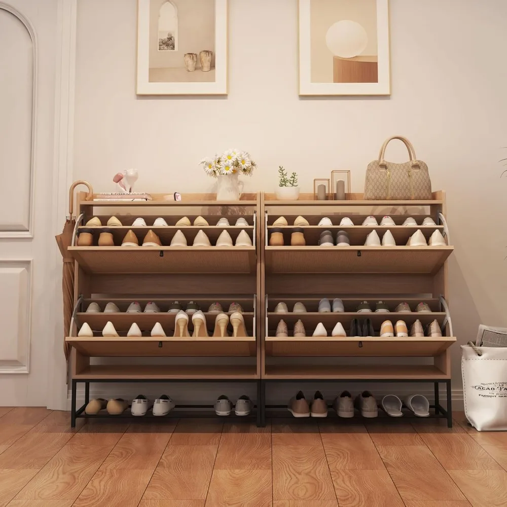 Freestanding Shoe Cabinet  Flip Drawers - Modern Narrow Organizer for Hallway, Bedroom, and Entryway