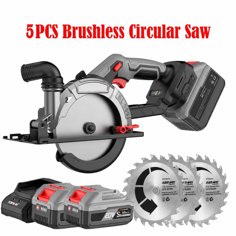 Sierra circular sin escobillas NANWEI de 6 pulgadas, con dos baterías de 4000 mAh (cargador incluido), sierra circular compacta de 6800 RPM, hoja de 150 mm, admite ángulo de corte biselado de 0 a 50 grados, diseño ligero, incluye 3 hojas de sierra, adecua