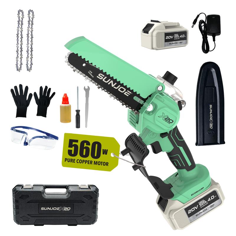 Motosierra Sun Joe Mini de 6 pulgadas inalámbrica - Sierra de poda eléctrica ligera de una sola mano para hombres y mujeres, personas mayores, jardinería, camping, leña - Incluye cadena de repuesto + cargador + aceite + guantes + estuche rígido | Idea de