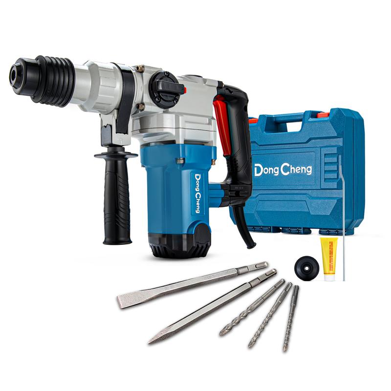【Garantía de 5 años】Taladro percutor rotativo SDS-Plus DongCheng de 1-1/8 pulgadas con embrague de seguridad, martillo demoledor con cable de alta resistencia de 9.2 amperios para concreto, 3.6 julios, incluye 3 brocas, cinceles planos y cinceles de punta