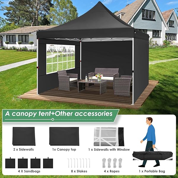 Tooluck - Tienda de campaña desplegable con Paredes Laterales, toldo Comercial Impermeable Ez para Exteriores, protección UV, 50+ Refugio para Eventos, Tiendas de campaña de jardín para Fiestas con Negro - 10x10 with 3 sides