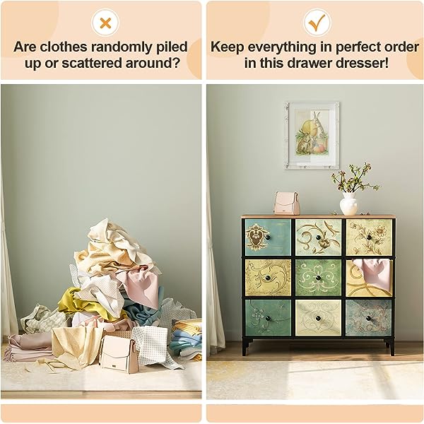 Cómoda con 9 cajones, cómoda de almacenamiento alta para recámara, cómoda moderna para clóset, sala de estar, pasillo, parte superior de madera, cajón de tela