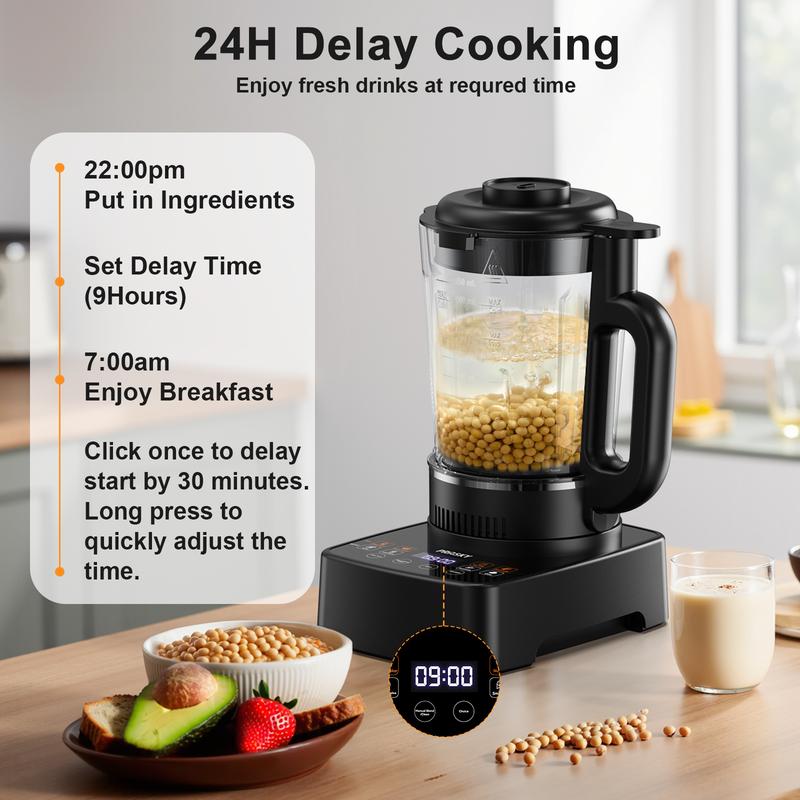 Licuadora de vidrio y máquina para hacer leche de soja PRASKY Professional Heating de 60 oz, cocción con retardo de 24 horas, termo de acero inoxidable de 600 ml/licuadora inteligente multifunción 10 en 1 para sopas, batidos, smoothies y zumos, máquina pa