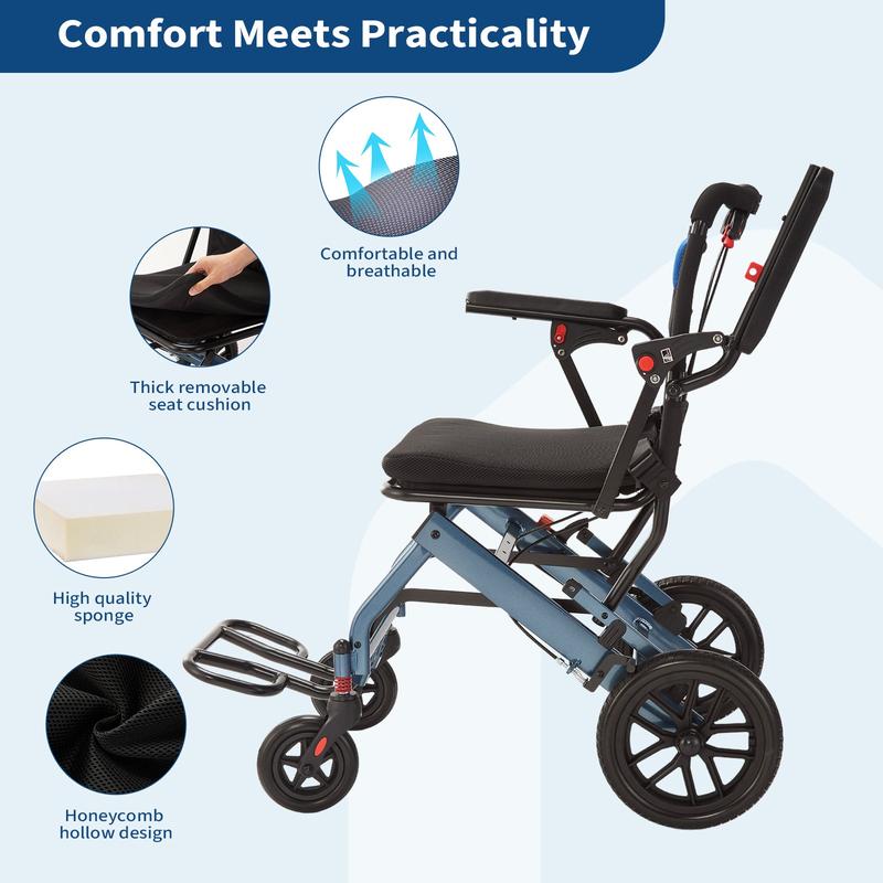 Silla de ruedas plegable portátil con freno de mano, diseño ultraligero, ancho de asiento de 40,6 cm (16 pulgadas), ruedas traseras de PVC de 20,3 cm (8 pulgadas), ideal para viajes y asistencia de movilidad diaria. Silla de ruedas plegable para el cuidad