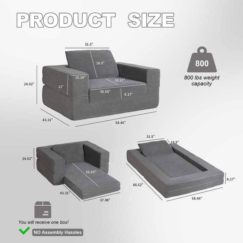 Sofá cama convertible, sofá cama plegable curvo 2 en 1 con almohadas para sala de estar y dormitorio, espuma viscoelástica de alta densidad.