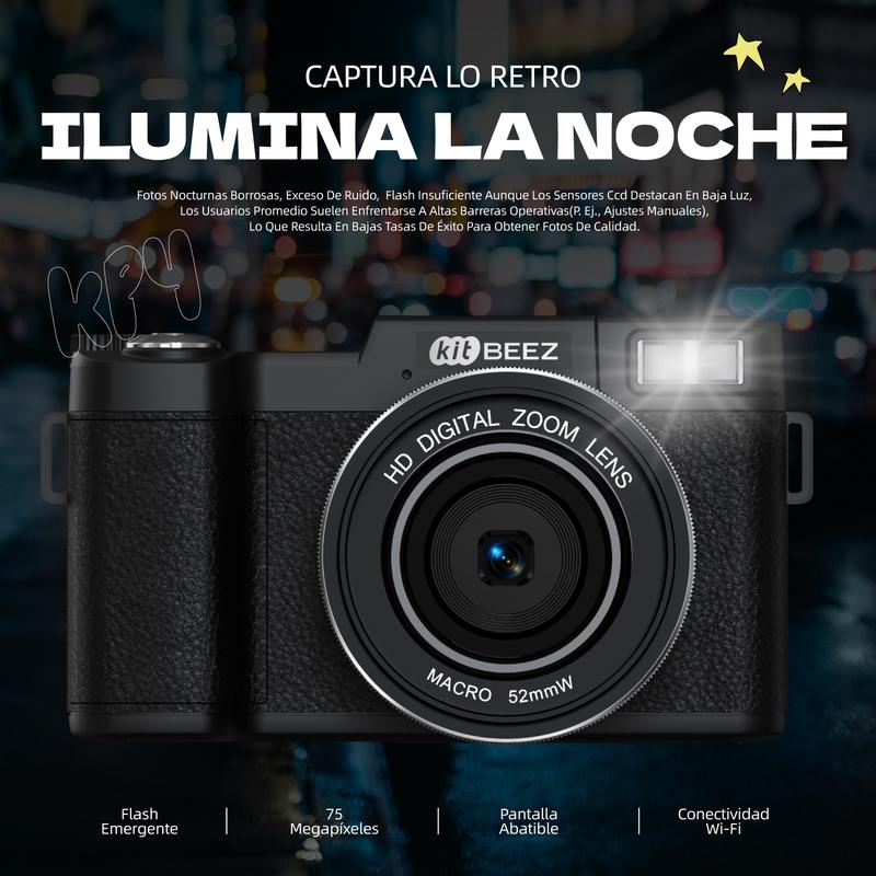 Kitbeez Cámara digital  KP-4 - 75 MP, video 5K, pantalla giratoria de 180° - Memoria de 32 GB incluida