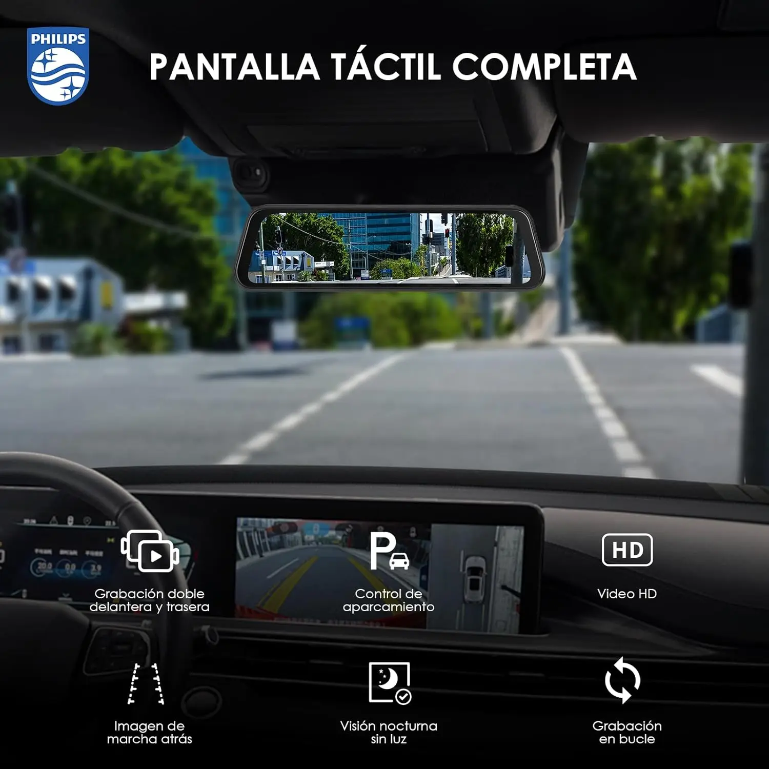 PHILIPS Cámara de Espejo Retrovisor, Cámara de Salpicadero Delantera y Trasera 1080P para Coche, 9.66" DashCam Espejo Pantalla Táctil con Función Visión Nocturna HD,Imagen Reversa,Free 32GB Card