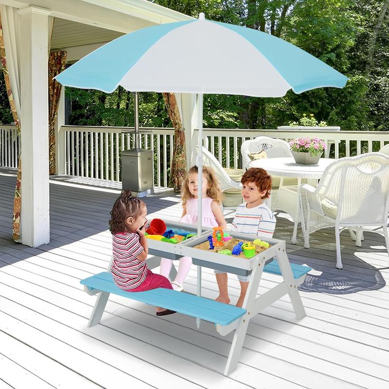 Mesa de picnic infantil Costzon con sombrilla de altura ajustable, para interior y exterior, mesa de arena y agua para jardín, patio trasero, terraza, dealsforyou