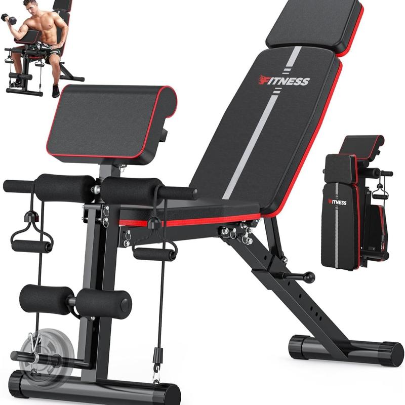 Banco de pesas ajustable con extensión de piernas y almohadilla para predicador - Banco de entrenamiento plegable para gimnasio en casa, banco para hacer ejercicio con inclinación, declinación y abdominales.