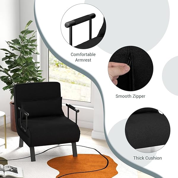 Silla convertible, 4 en 1, silla de lectura para sala de estar con almohada, brazo y respaldo ajustable de 5 posiciones, sofá cama individual, color café Marrón