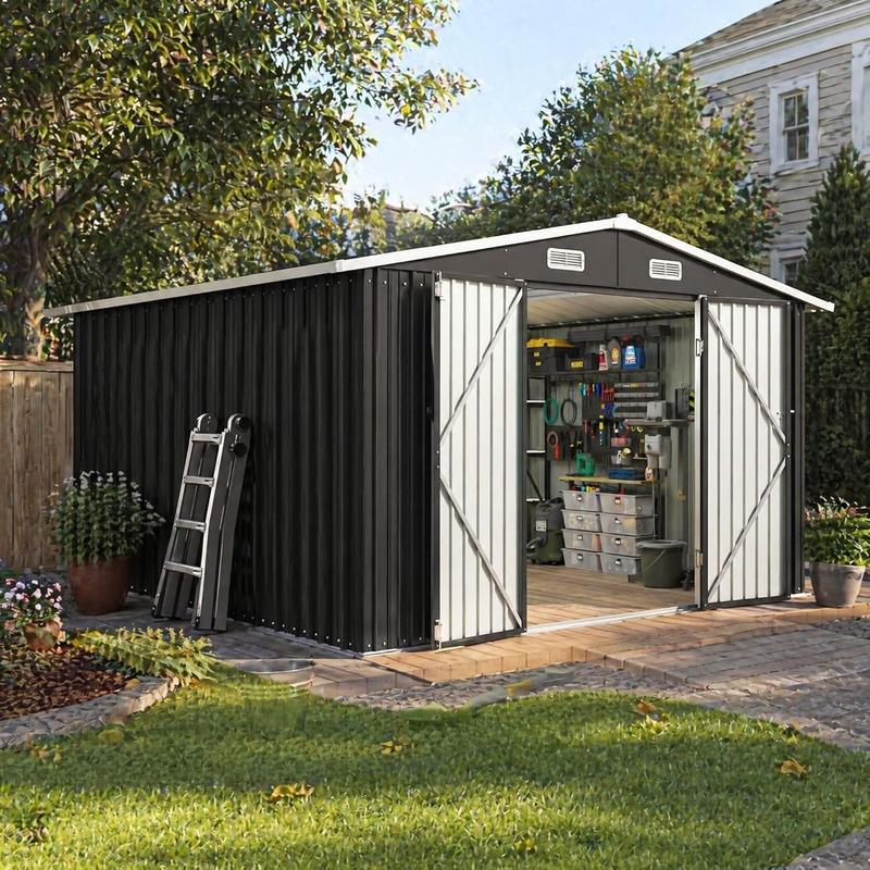 Caseta de jardín metálica Aoxun (3x2.4 m/1.8 x 1.2 m/3x3.7 m/1.8 x 2.4 m) - Recinto de almacenamiento exterior con cerradura, puertas dobles abatibles y techo inclinado para patio, jardín, caseta de jardín, almacenamiento exterior.