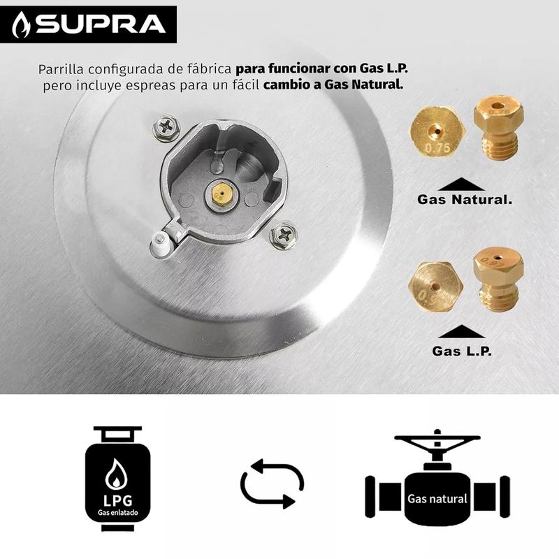 SUPRA Parrilla a Gas Empotrable de 5 Quemadores - 76 cm, Cubierta de Cristal Templado Negro y Válvula de Seguridad Avanzada Mod. BRIONI