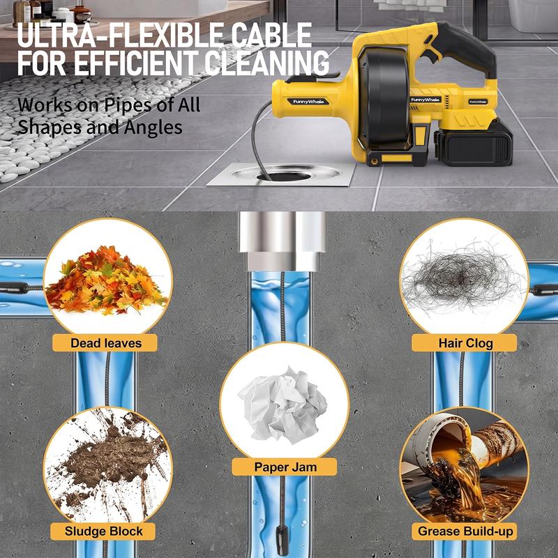 Desatascador inalámbrico FunnyWhale compatible con batería Dewalt de 20 V (batería no incluida). Serpiente desatascadora de alimentación automática con cable de 7 metros. Herramienta para desatascar desagües de fregaderos, inodoros, bañeras y alcantarilla