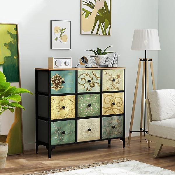 Cómoda con 9 cajones, cómoda de almacenamiento alta para recámara, cómoda moderna para clóset, sala de estar, pasillo, parte superior de madera, cajón de tela