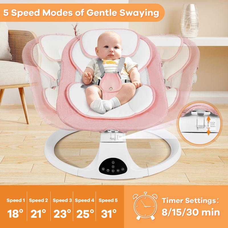 Baby Electric Bouncer for Infants,Baby Swing,5 Speeds and 10 Lullabies,Bluetooth Music,Remote Control,Adjustable Backrest,Indoor Use