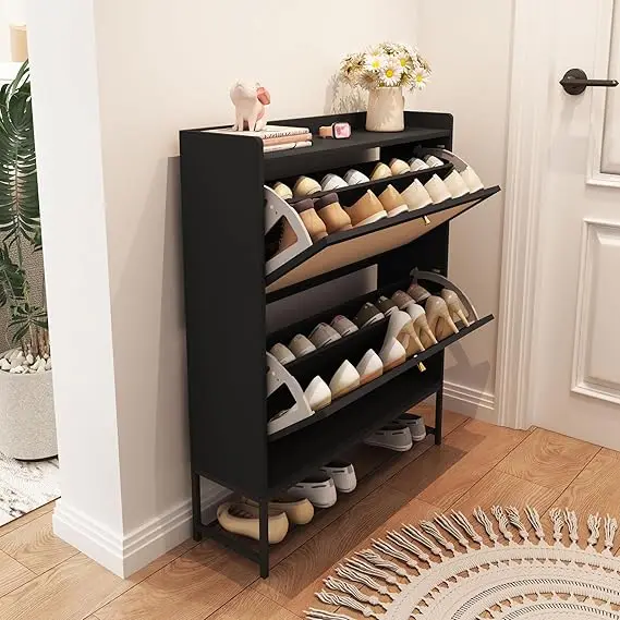 Freestanding Shoe Cabinet  Flip Drawers - Modern Narrow Organizer for Hallway, Bedroom, and Entryway