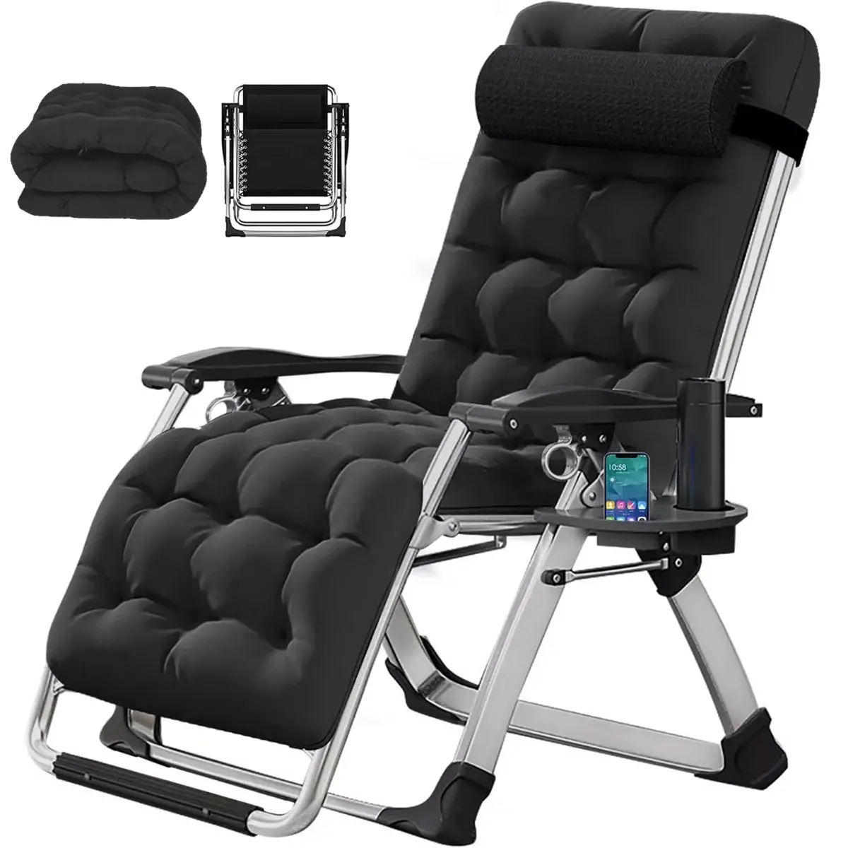 Catre Plegable Premium con Cojín Ajustable a Gravedad Cero a 170° Doble Uso para Sentarse y Acostarse Color Negro Silla Reclinable Ergonómica Sillón Reclinable Portátil