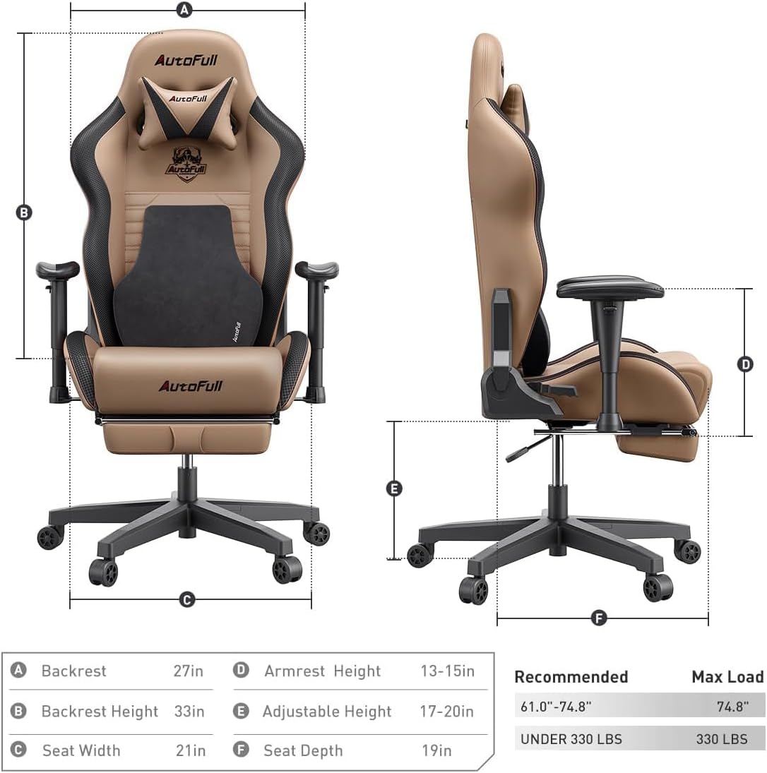 AutoFull Silla Gaming Silla Gamer Ergonómica Silla de Oficina Cuero de PU Silla de Escritorio,Altura e inclinación Ajustables,Reposacabezas y Soporte Lumbar,Reposapiés, (Gris)
