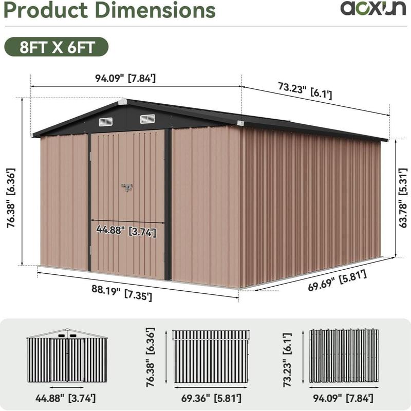 Caseta de jardín metálica Aoxun (3x2.4 m/1.8 x 1.2 m/3x3.7 m/1.8 x 2.4 m) - Recinto de almacenamiento exterior con cerradura, puertas dobles abatibles y techo inclinado para patio, jardín, caseta de jardín, almacenamiento exterior.