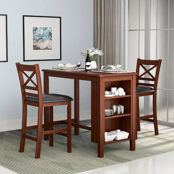 Juego de mesa de comedor de pub de 5 piezas con estantes de almacenamiento y 4 sillas tapizadas en nogal