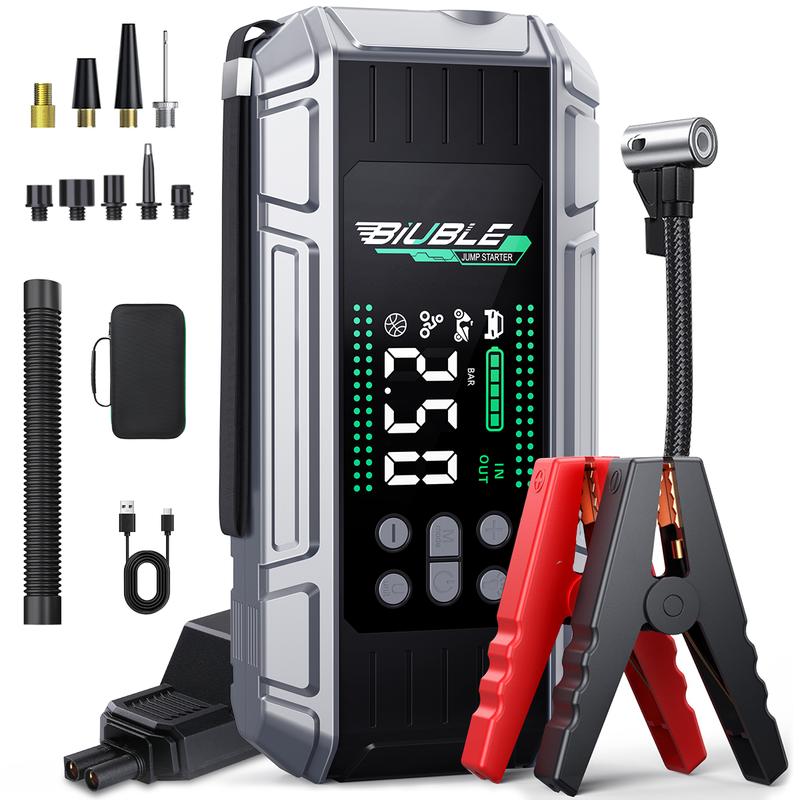 Arrancador portátil para coche 10000A con compresor de aire, soplador, batería externa PD de carga rápida de 65 W para portátil, inflador de neumáticos de 150 PSI, kit de arranque de batería para coche.