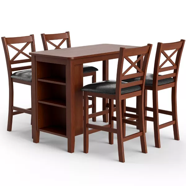 Juego de mesa de comedor de pub de 5 piezas con estantes de almacenamiento y 4 sillas tapizadas en nogal