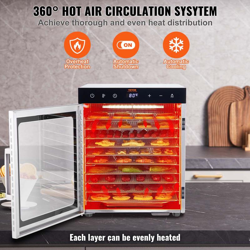 Deshidratador eléctrico de alimentos VEVOR, secador de alimentos eléctrico de 800 W, 10 bandejas de acero inoxidable, con temporizador y temperatura digital ajustables para cecina, hierbas, carne, res, frutas, golosinas para perros y verduras, electrodomé