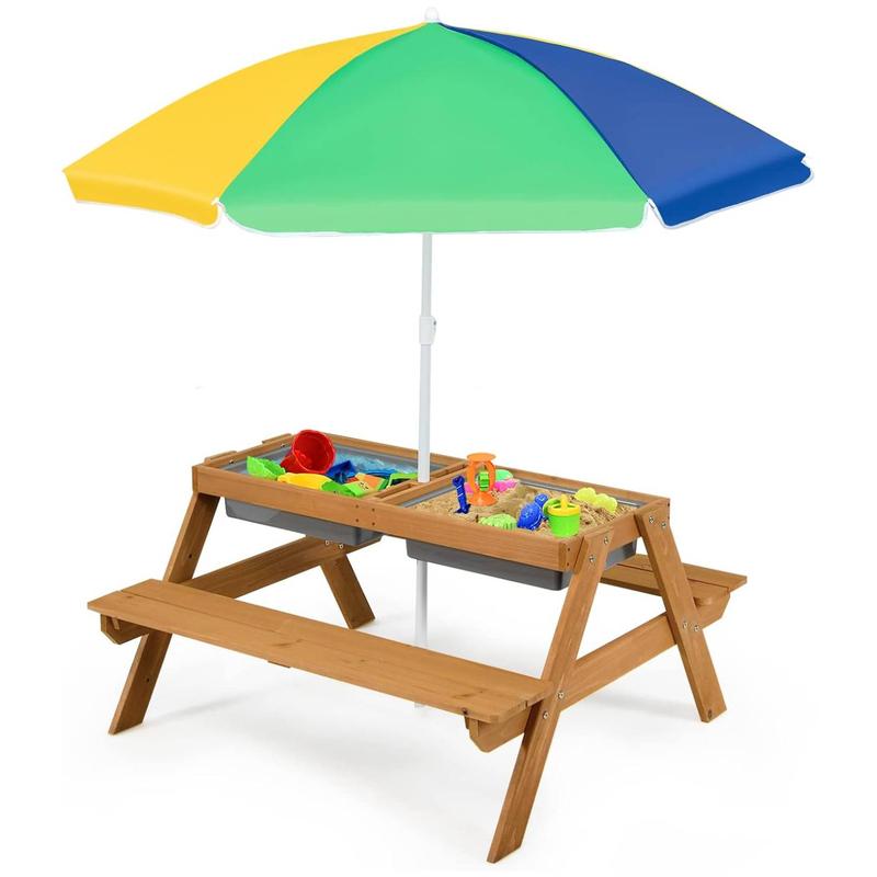 Mesa de picnic infantil Costzon con sombrilla de altura ajustable, para interior y exterior, mesa de arena y agua para jardín, patio trasero, terraza, dealsforyou