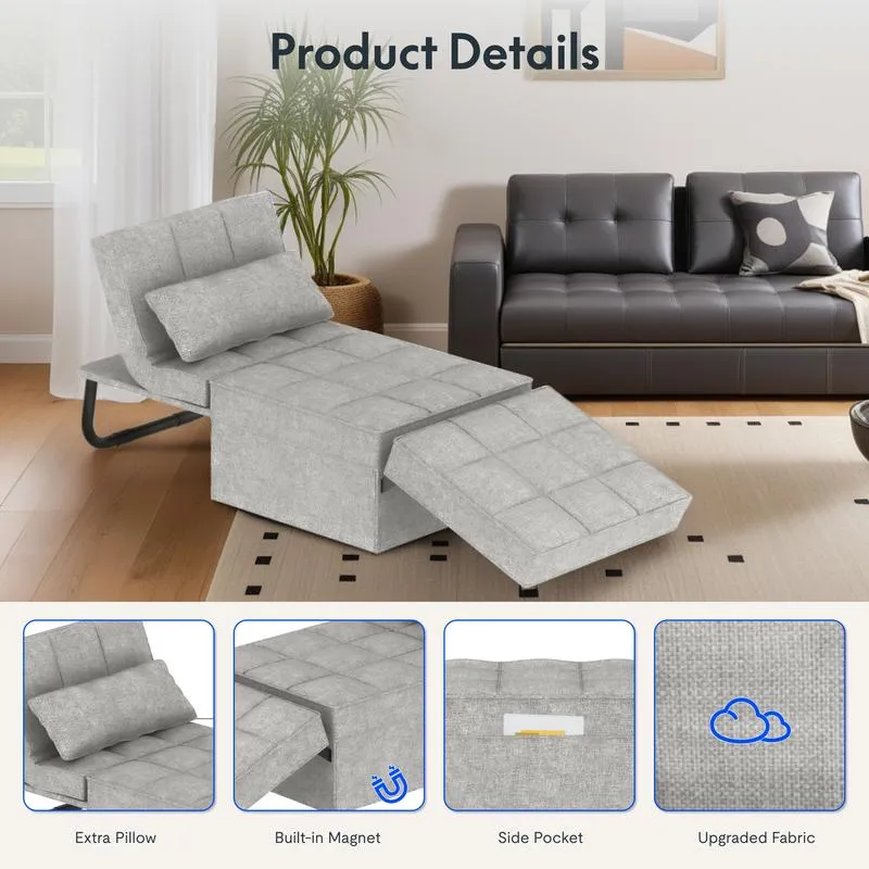 Sofá cama convertible con respaldo ajustable en 5 niveles, otomana tapizada multifuncional, sofá tapizado ajustable, muebles para sala de estar (gris, compatible con camas).