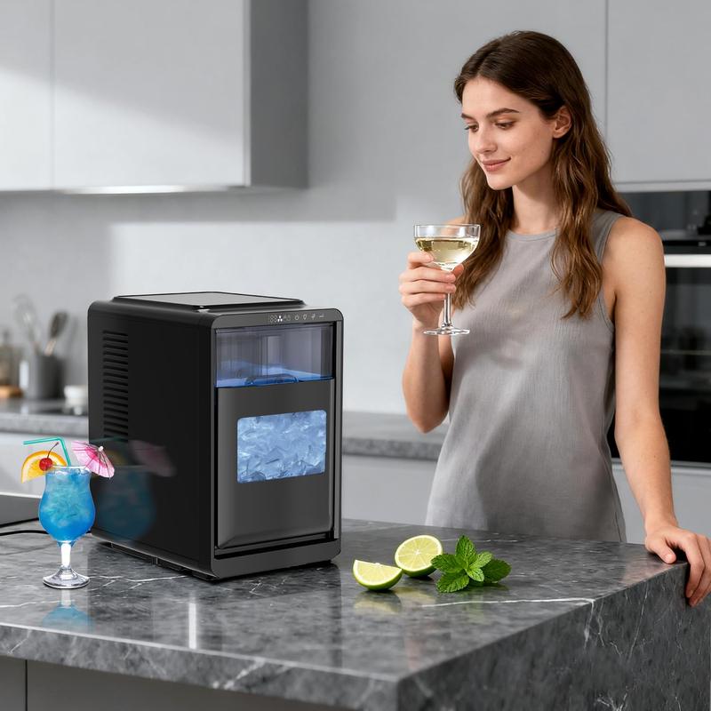 Máquina de hielo portátil de sobremesa con forma de media luna, autolimpiante y con pantalla LED, para una rápida producción de hielo en mariscos, hogar, oficina o bar.