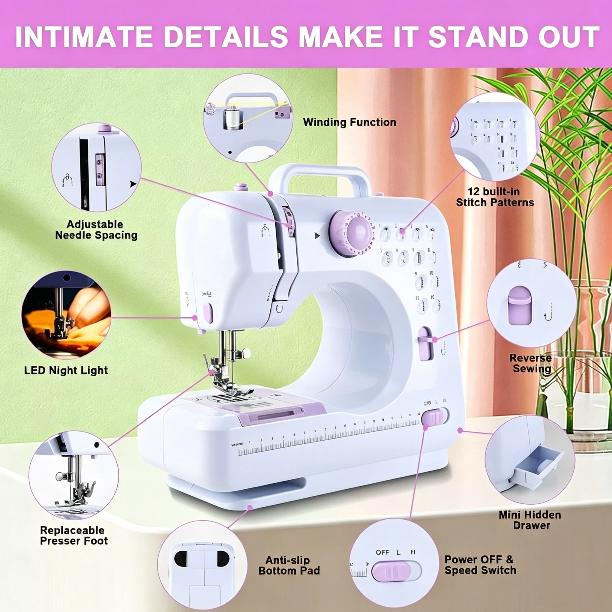 Máquina de coser doméstica portátil - Modelo automático multifuncional con pedal de 12 agujas, ideal para principiantes, herramienta de costura doméstica multifuncional, regalo perfecto para el Día de San Valentín para esposas/madres.
