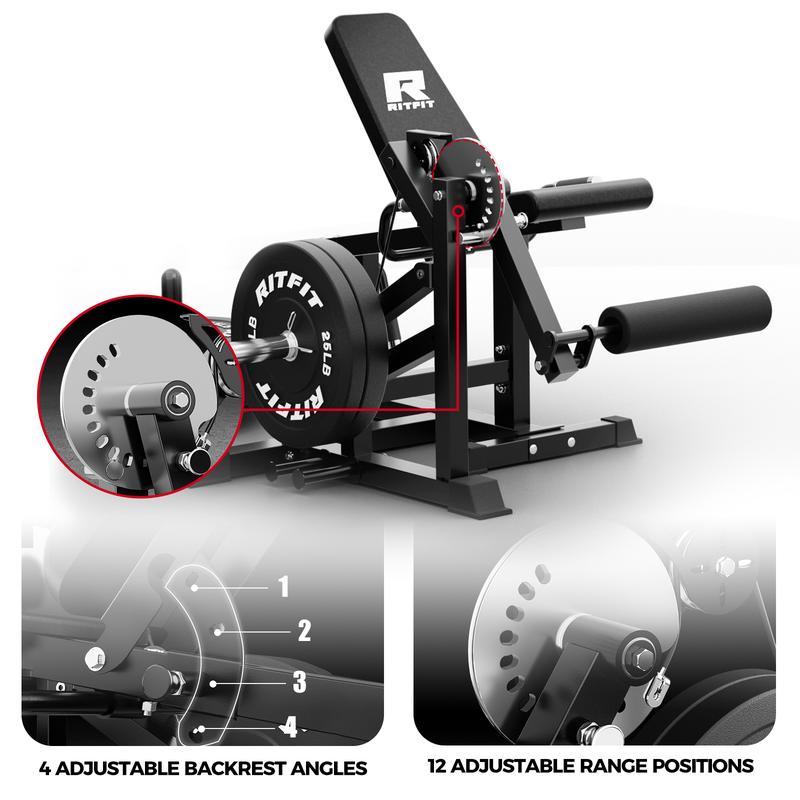 RITFIT PLC01 Equipo multifuncional 3 en 1 para gimnasio en casa: máquina de extensión de piernas, flexión de piernas, aparato para ejercitar los glúteos, capacidad de 147 kg (325 lb), 4 ángulos de respaldo ajustables, discos de peso de 5 cm (2 pulgadas),