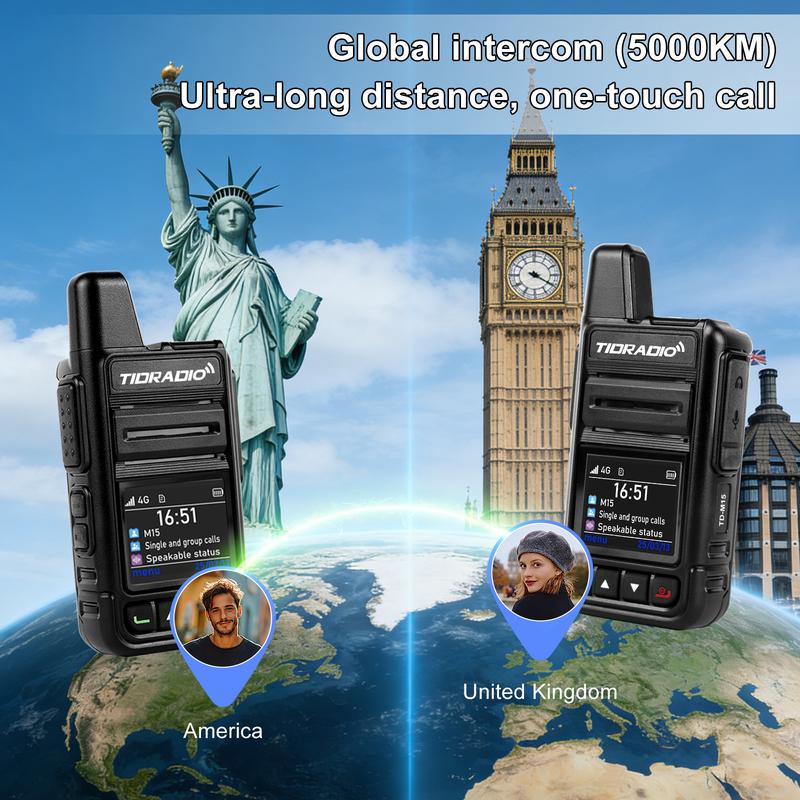 Radio POC TIDRADIO M15 Global Walkie Talkies PTT de por vida con alcance de 5000 millas, red 4G, radio bidireccional, batería de 3000 mAh, 72 horas de duración, cifrado ASE256 para equipos/familias/actividades al aire libre/caza/logística/flotas/construcc