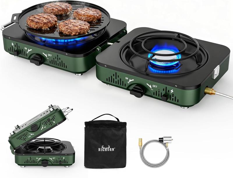 Estufa de camping de propano de 2 quemadores BIG HORN OUTDOORS, estufa portátil de camping, estufa de gas plegable, incluye sartén y bolsa de transporte para camping, uso de emergencia y cocina al aire libre.