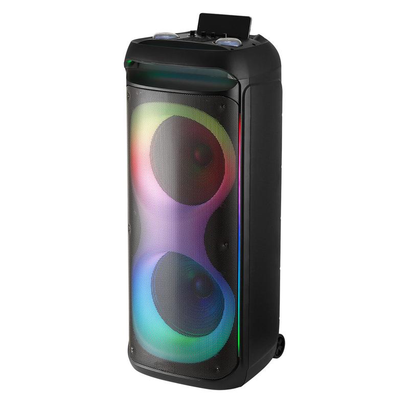 Altavoz Bluetooth PA recargable con doble woofer de 12" + tweeter de 1.5", caja de sonido inalámbrica portátil con dos micrófonos, control remoto y luz LED para fiestas.