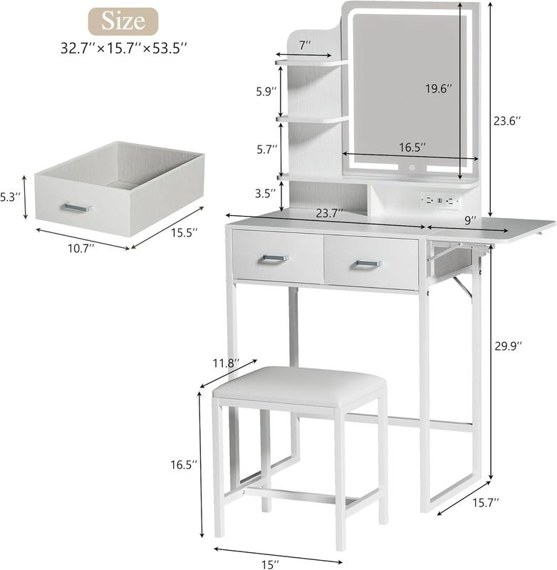 Tocador de maquillaje con espejo y luces, tocador pequeño con cajón de almacenamiento de tela, silla y estantes, tocador blanco con panel plegable y toma de corriente para dormitorio.