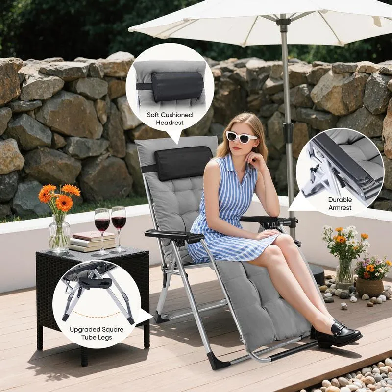 Silla reclinable plegable - Muebles de exterior para patio y jardín con bandejas portavasos, cojín extraíble, silla reclinable para adultos para camping, accesorio de jardín