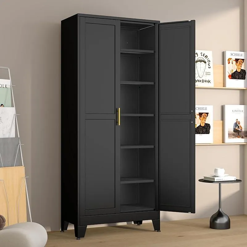 Armario despensa metálico con 2 puertas y 5 estantes ajustables, 190 cm (75"), armarios de almacenamiento de cocina con tiradores dorados, almacenamiento versátil para lavadero, sala de estar, baño, comedor, cuarto de servicio, organizador de muebles para